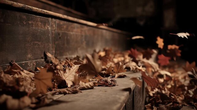 Wooden 3D stage with organic podium concept. Close up of dry autumn leaves falling on wooden stairs in warm natural light