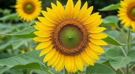 Obraz premium Close-up of a vibrant sunflower with yellow petals and a green center, other flowers in background