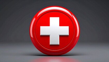 Obraz premium Red Button with White Cross Symbol for Health or Medical Themes in Studio Setup with Grey Background.