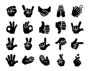 Fototapeta premium Hand gesture icon set, symbolizing communication, interaction, and user interface actions with simplified solid silhouettes for digital apps, web design, and infographics.