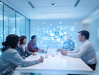 Fototapeta premium Business team collaborating on innovative tech project in modern office