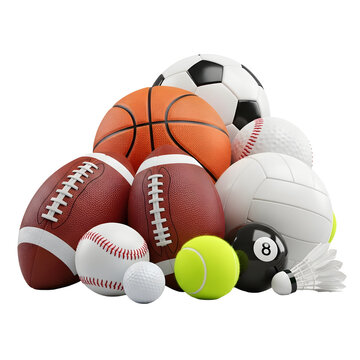 Assortment of popular sports equipment collection on transparent background