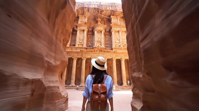 Woman walking through narrow canyon towards ancient treasury facade, Petra, Jordan
