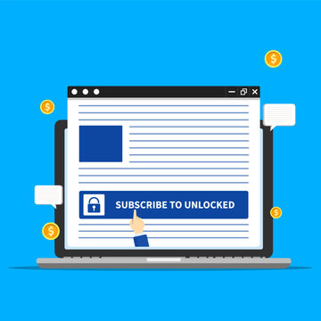 Online subscription concept with paywall access, digital content monetization, and secure payment on website interface with locked premium service.