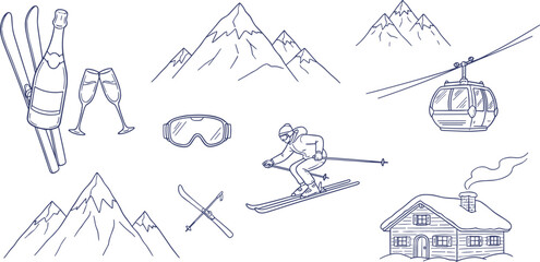 Obraz premium Skiing and snowboarding illustrations with mountains and lodge