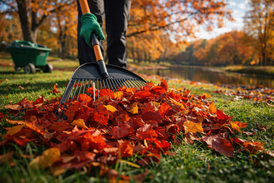 Gardener Raking Pile of Autumn Leaves by River based fidelity