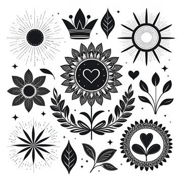 De getrokken reekselementen van de hand, zwart op witte achtergrond. Pijl, hart, liefde, toespraakbel, ster, blad, zon, licht, controletekens, kroon, koning, koningin, Swishes, swoops, nadruk, werveli