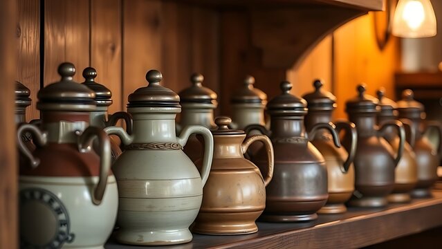flagons. Rustic ceramic and pewter flagons with lids on wooden shelf in warm light. bar promotions, beverage menus, designed for product packaging and bar promotions, used by marketing managers.