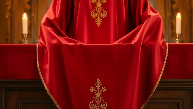 chasuble. A deep red silk chasuble with gold embroidery on a wooden altar in candlelight. event programs, museum guides, designed for cultural heritage projects and event programs.