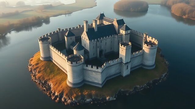 oganesson. Aerial view of a medieval castle with stone walls reflected in a deep moat. real-estate listings, architecture portfolios, designed for real-estate listing and luxury residence showcases.