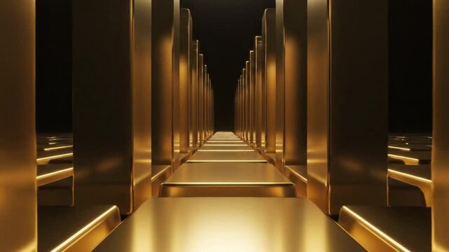 A long, golden hallway with rows of illuminated columns and a shiny floor leads to a dark background, captured in a cinematic, low-angle shot with warm, luxurious tones.