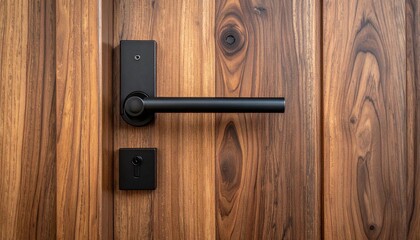 Fototapeta premium Modern Interior Wooden Door with Black Handle Close Up Home Security and Design Concept New and Secure Entrance.