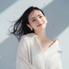 美しい肌の女性と桜が舞う春の背景