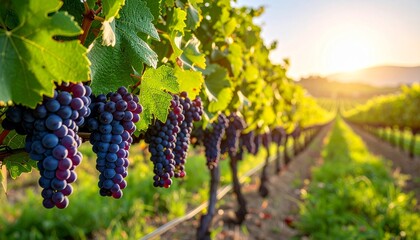 Fototapeta premium Lush Vineyard at Sunset Ripe Grapes on the Vine California Wine Country Scenic Landscape.