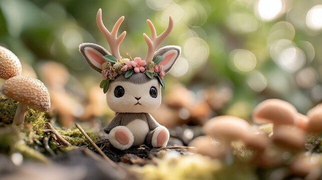 Adorable fantasy deer rabbit hybrid creature wearing a flower crown in a mystical mushroom forest, cute mythical jackalope sitting on moss with soft bokeh background, magical woodland art