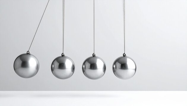 Newton's Cradle Still Life Conceptual Image for Physics and Balance Simplicity in Motion Gray Metal Spheres.