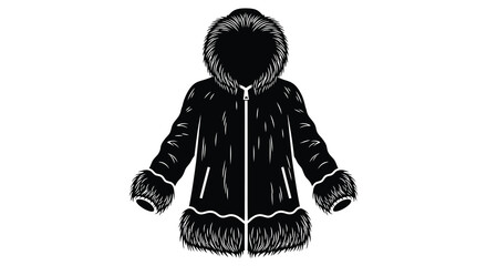 A striking black silhouette of a winter parka with a generous fur trimmed hood and cuffs showcasing elegant design silhouette © Pvect02