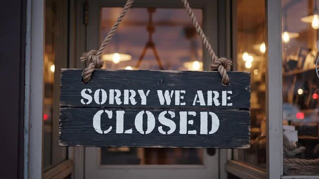 Wooden Sign "Sorry We Are Closed" Hanging on Shop Door