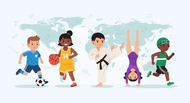 Diverse group of children engaged in various sports activities.