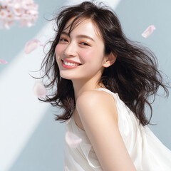 美しい肌の女性と桜が舞う春の背景