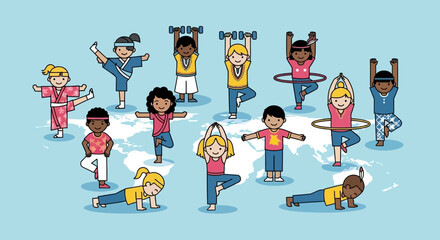 Fototapeta premium Diverse group of children practicing yoga and exercises together.