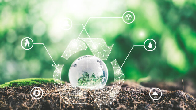 Crystal globe placed on ground. ESG icon. Concept for environment. Society and Governance sustainable global environment concept