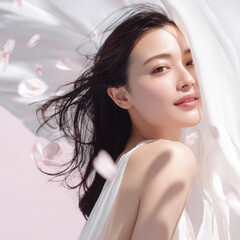 美しい肌の女性と桜が舞う春の背景