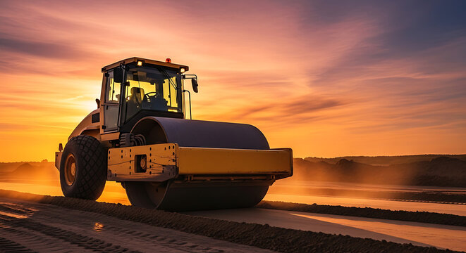 Powerful road roller compacting new construction site under a breathtaking golden hour sky during dusk