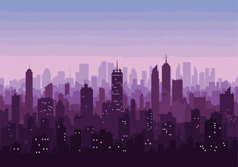 Fototapeta premium Modern city skyline silhouette at dusk with glowing windows and gradient sky