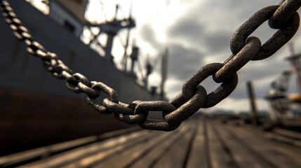 A close-up view of a rusty chain leading to a ship, set against a moody sky and wooden dock