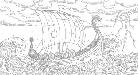 Obraz premium Viking ship sailing through rough waters.