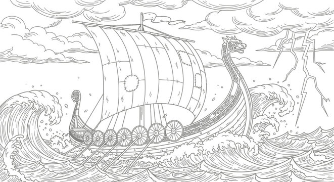 Viking ship sailing through rough waters.