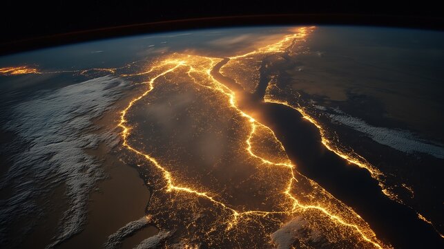 Aerial View of Nile River Delta at Night from Space, Egypt City Lights Glowing along the River Bank, Mediterranean Coastline, Earth Observation Satellite Image, Geography and Urbanization