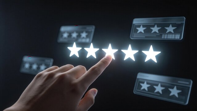 Customer experience rating concept,five star feedback interface with hand touching digital screen,business review satisfaction evaluation and online reputation management strategy