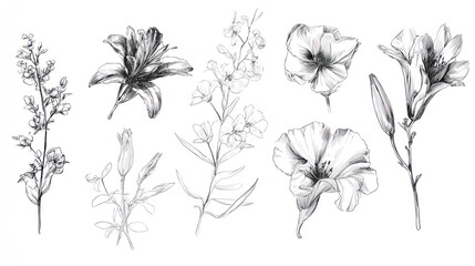 Obraz premium Botanical illustration of assorted plant species in detailed black and white