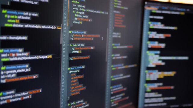 Close up computer monitors displaying fictional programming code and software development interface, technology workspace concept