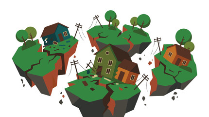 Fototapeta premium Houses on cracked floating land, natural disaster and destruction concept