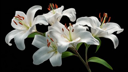 Elegant white lilies in full bloom against a dark background studio shot