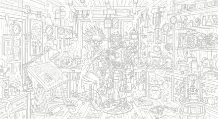 Fototapeta premium Detailed line drawing of a cluttered room.