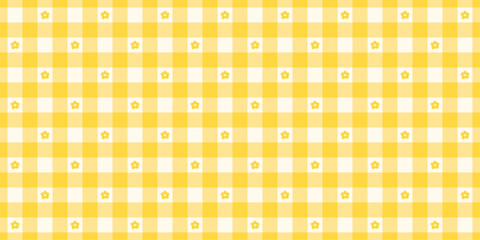 Plakat Yellow gingham or vichy seamless pattern with daisy. Cute spring time background with flowers. Repeating print for textile and fabric. Tablecloth texture. Vector illustration