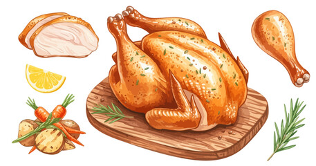 ローストチキンのイラストセット（丸鶏・レッグ・スライス・付け合わせ野菜）,クリスマス,ごちそう,水彩風, キャンプ