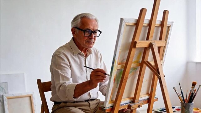 Elderly male artist with glasses painting on canvas at easel in bright studio &mdash; focused, creative, senior lifestyle and artistic passion