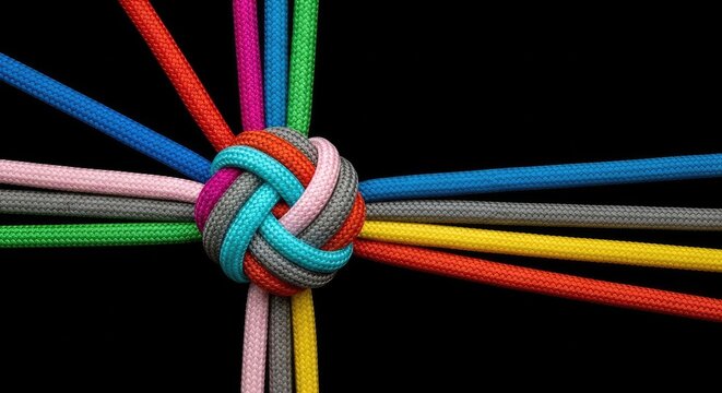 Multicolored paracord knot with radiating colorful strands, black background unity diversity Concept