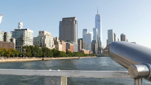 New York City Manhattan downtown financial district skyline, United States. Urban waterfront cityscape, World Trade Center skyscraper building, Hudson River Park, riverfront promenade tower viewer.