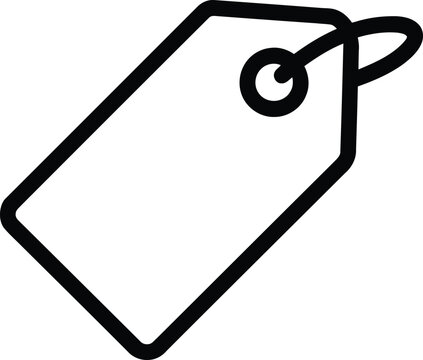 A simple black and white line drawing depicts a tag commonly used for labeling or pricing with a string attached high-quality professional detailed modern elegant