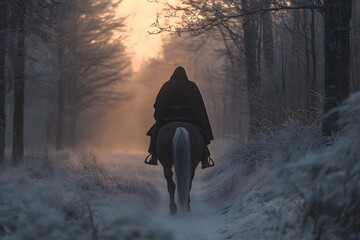 man Riding Through Frost-Covered Forest at Dawn  
