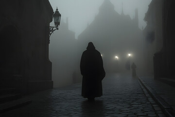 Mysterious man Looming in Foggy Medieval Town  