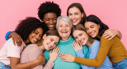 Obraz premium A diverse group of women embrace each other warmly. An elderly woman is in the center, surrounded by several younger women of different ethnicities and hairstyles.
