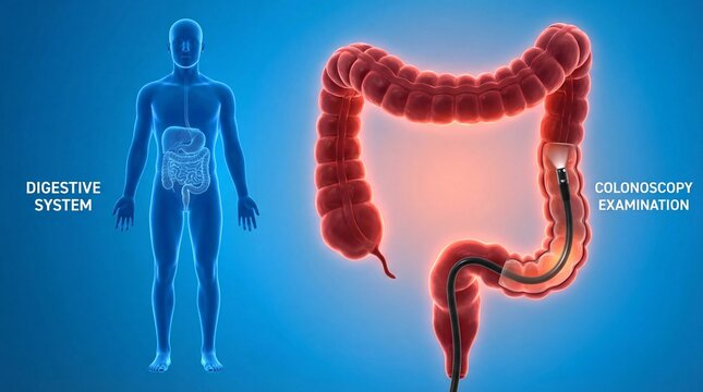 Human digestive system and detailed colonoscopy examination illustration showing the procedure and anatomy of the colon and rectum for medical education and healthcare professionals.