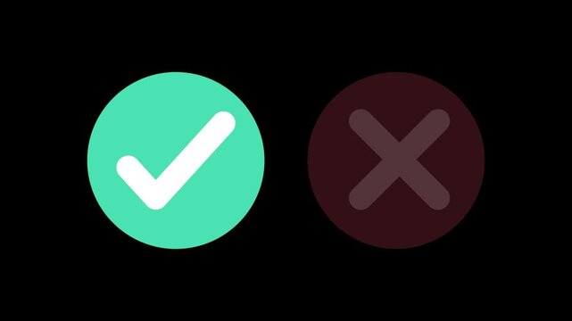Yes No animation icon blinking effect. Checkmark and Cross mark symbols. Tick sign green color and X sign red color. Blinking yes and no choice symbols. 4K video